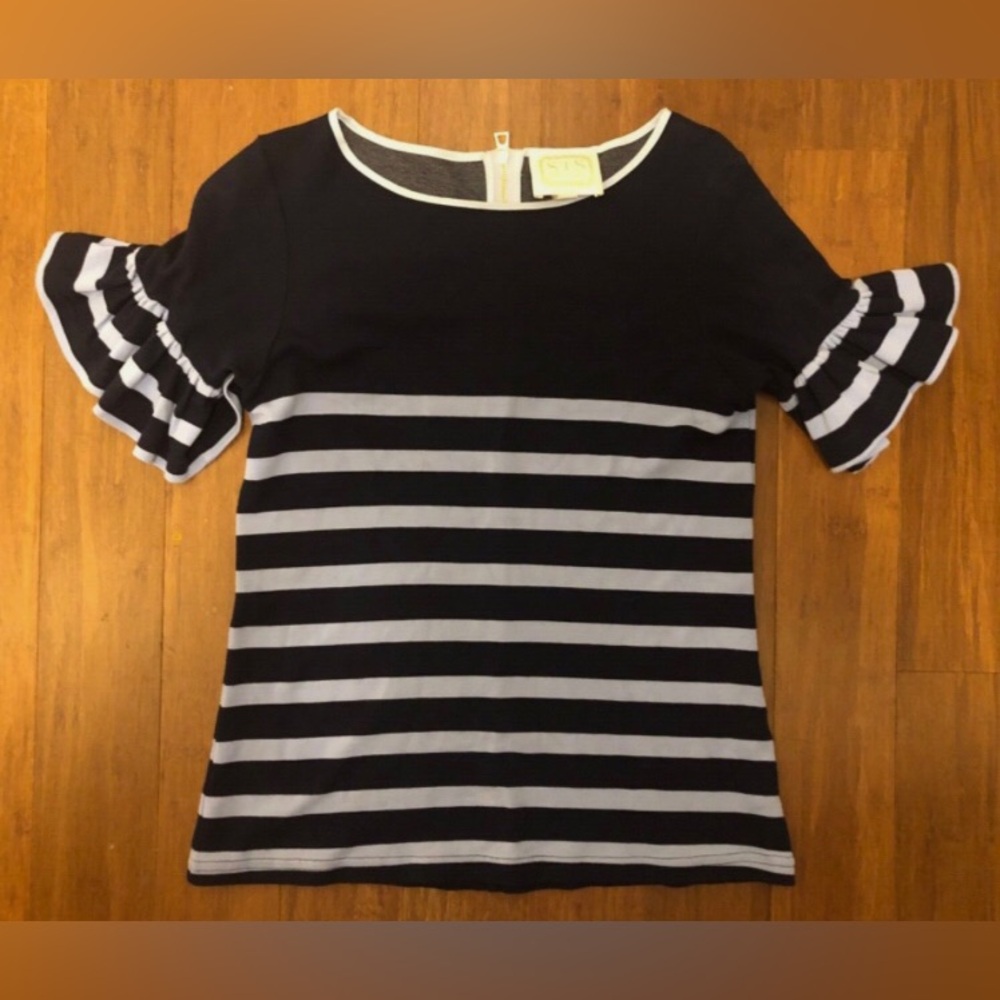 Striped Sweater Ruffle Blue Nautical Feminine Sail to Sable $275 XS